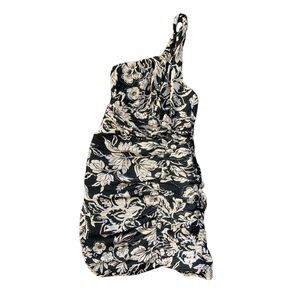 Zara Sz Small Ecru Asymmetric One Shoulder Ruched Textured Mini Dress Black